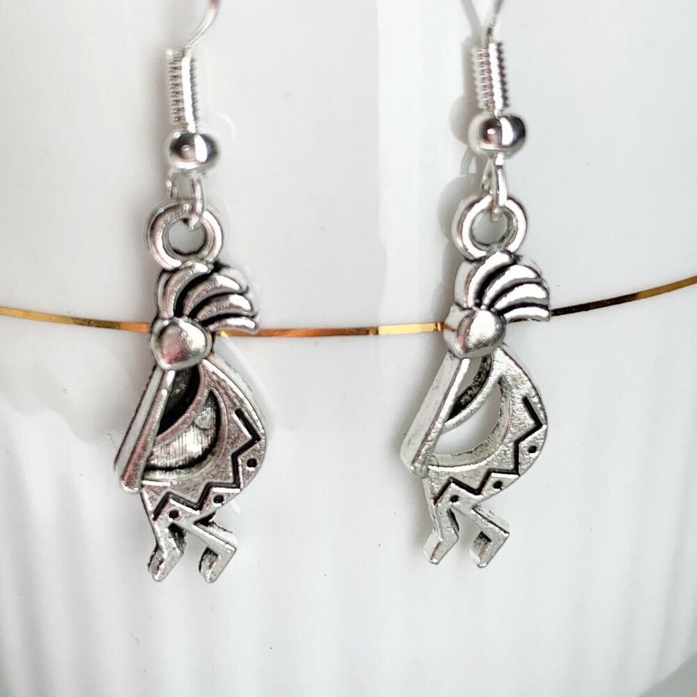 Kokopelli Indian Earrings NEW Flute Player 925 Silver French Hook Southwest - Picture 2 of 6